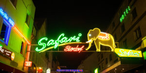Close-up of Reeperbahn, St Pauli, Grosse Freiheit, Red Light Quarter in Hamburg, colorful neon lights