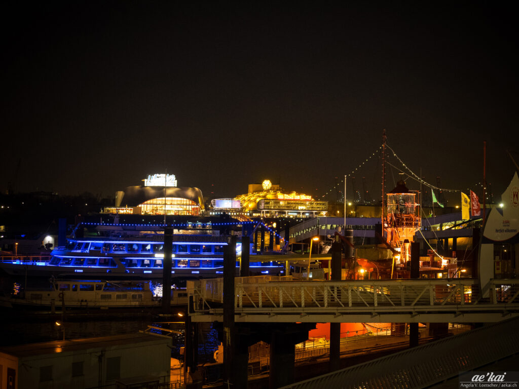 Hamburg harbor at night with musical halls in background