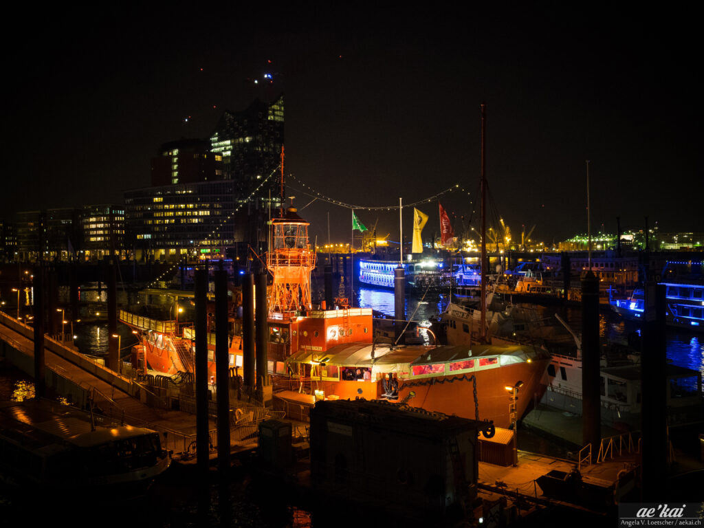 Hamburg harbor at night with Hafen City in background
