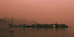 Isola Inferiore aka Isola dei Pescatori in Piemonte, Italy, in a foggy sunset