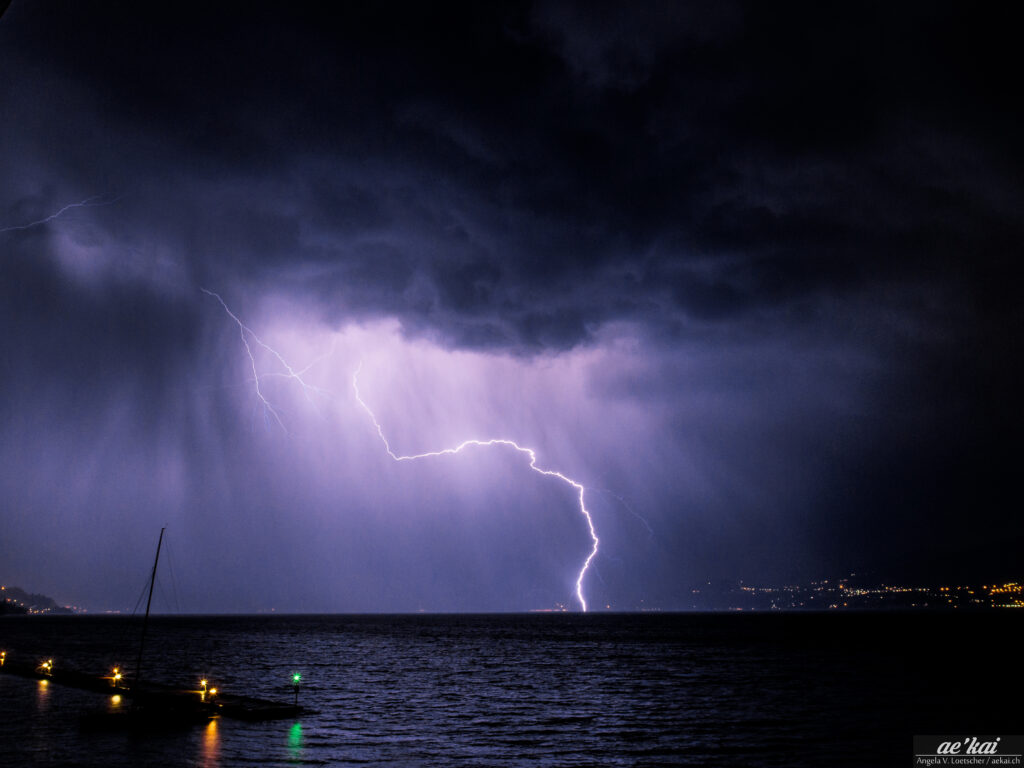 Lightning over the lake in Lago Maggiore, Italy