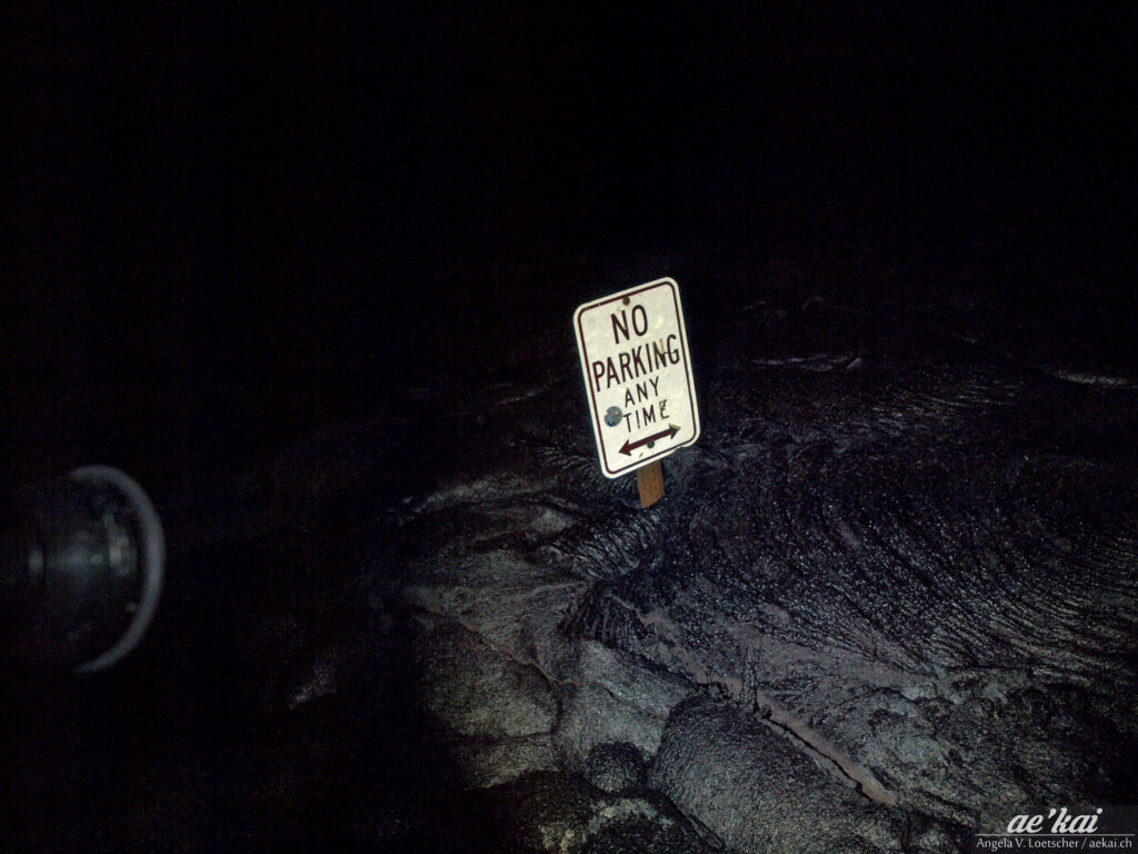 Lava flow left street sign, "no parking anytime"