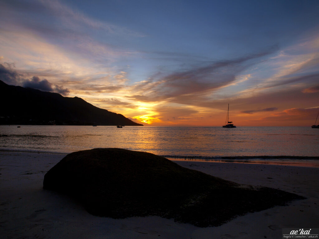 Sunset at Beauvallon Beach on Mahé, Seychelles
