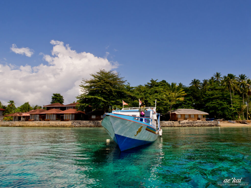 Frontal view of dive boat of Celebes Dives on Siladen Island, Indonesia