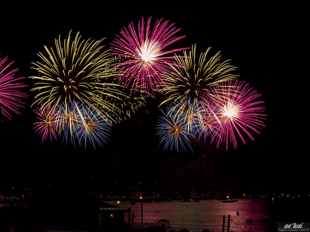 Pink-yellow-blue fireworks; Züri fest; tri-annual city festival of Zurich, large firework